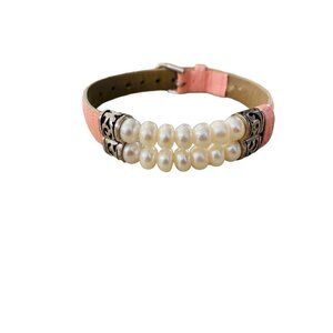 Honora Pearl and Pink Leather Bracelet Adjustable Buckle Closure Double Strand